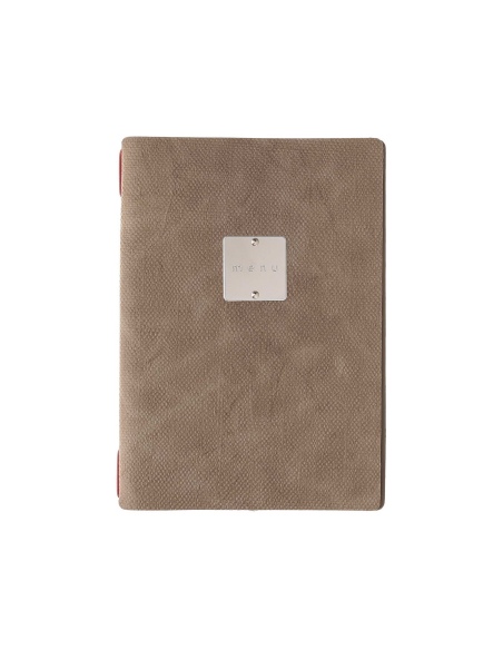 Porta Menu A5 (16,5x23,1 cm) etichetta METAL "personalizzata" (minimo 18 pezzi) 2 buste (4 facciate) elastico rosso JUTA CAMMELL