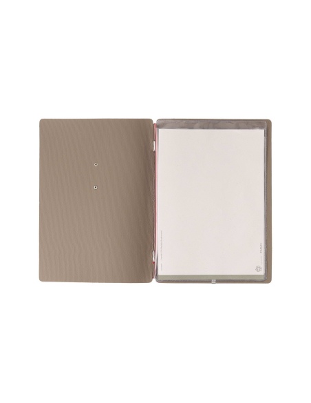 Porta Menu A5 (16,5x23,1 cm) etichetta METAL "personalizzata" (minimo 18 pezzi) 2 buste (4 facciate) elastico rosso JUTA CAMMELL