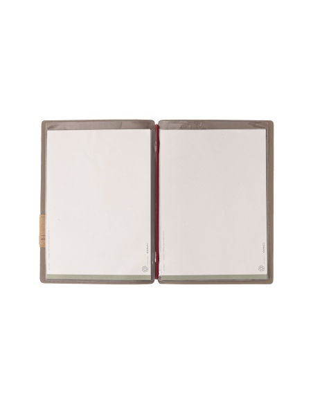 Porta Menu A5 (16,5x23,1 cm) etichetta PATCH "personalizzata" (minimo 18 pezzi) 2 buste (4 facciate) elastico rosso JUTA CAMMELL