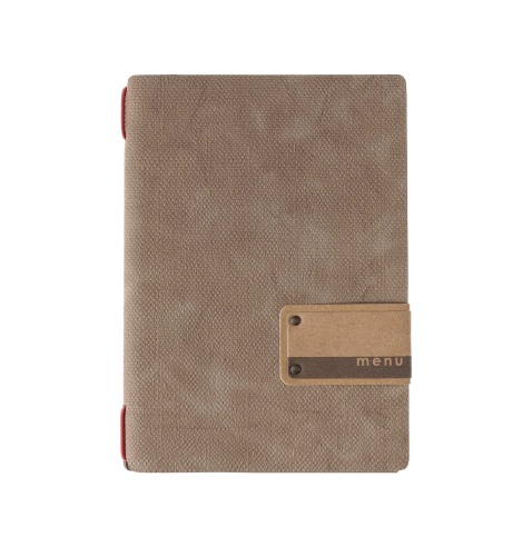 Porta Menu A5 (16,5x23,1 cm) etichetta PATCH "menu" 2 buste (4 facciate) elastico rosso JUTA CAMMELLO