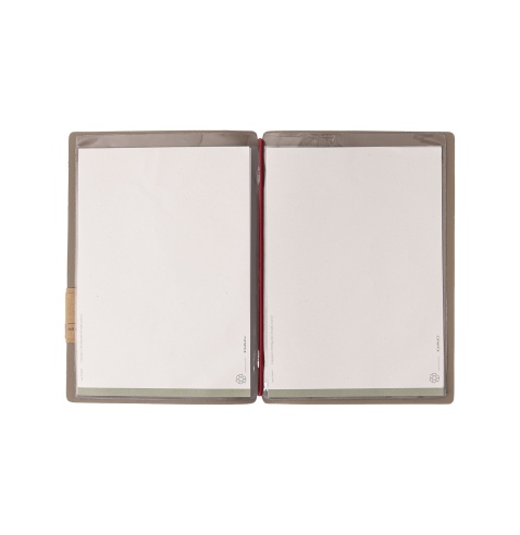 Porta Menu A5 (16,5x23,1 cm) etichetta PATCH "menu" 2 buste (4 facciate) elastico rosso JUTA CAMMELLO