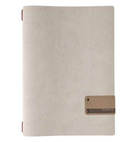 Porta Menu A4 (23,2x31,8 cm) etichetta PATCH "personalizzata" (minimo 18 pezzi) 2 buste (4 facciate) elastico rosso JUTA AVORIO