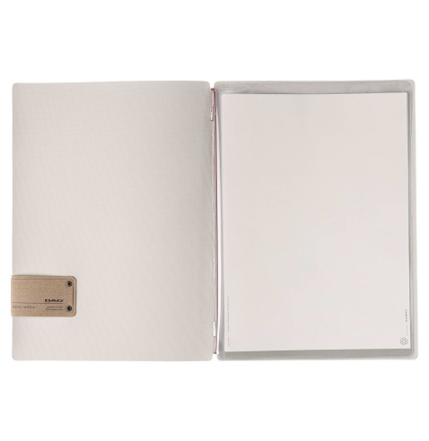 Porta Menu A4 (23,2x31,8 cm) etichetta PATCH "personalizzata" (minimo 18 pezzi) 2 buste (4 facciate) elastico rosso JUTA AVORIO