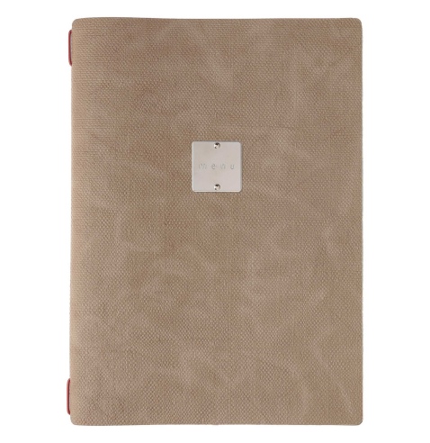 Porta Menu A4 (23,2x31,8 cm) etichetta METAL "menu" 2 buste (4 facciate) elastico rosso JUTA CAMMELLO