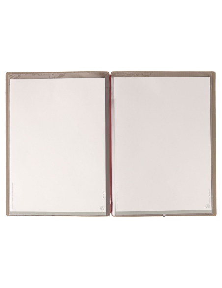 Porta Menu A4 (23,2x31,8 cm) etichetta METAL "menu" 2 buste (4 facciate) elastico rosso JUTA CAMMELLO