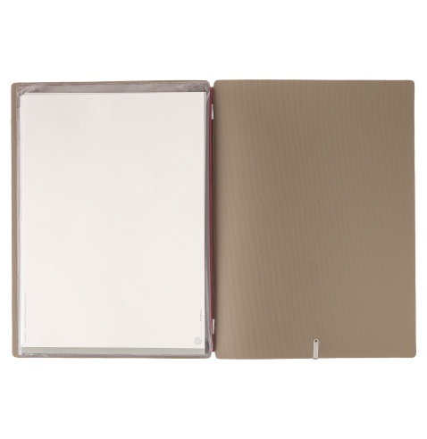Porta Menu A4 (23,2x31,8 cm) etichetta METAL "menu" 2 buste (4 facciate) elastico rosso JUTA CAMMELLO