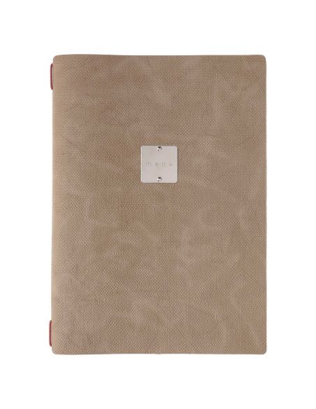 Porta Menu A4 (23,2x31,8 cm) etichetta METAL "personalizzata" (minimo 18 pezzi) 2 buste (4 facciate) elastico rosso JUTA CAMMELL