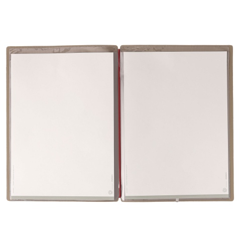 Porta Menu A4 (23,2x31,8 cm) etichetta METAL "personalizzata" (minimo 18 pezzi) 2 buste (4 facciate) elastico rosso JUTA CAMMELL