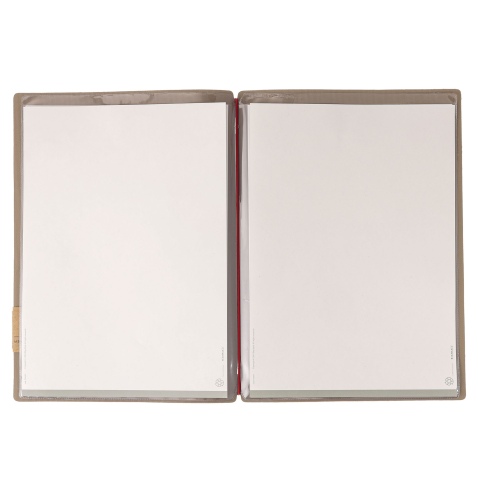 Porta Menu A4 (23,2x31,8 cm) etichetta PATCH "personalizzata" (minimo 18 pezzi) 2 buste (4 facciate) elastico rosso JUTA CAMMELL