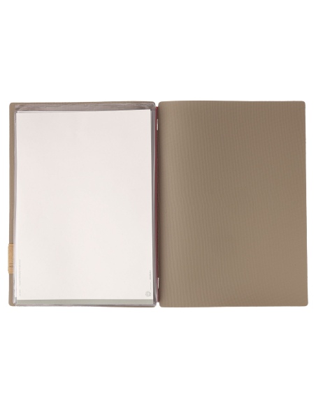 Porta Menu A4 (23,2x31,8 cm) etichetta PATCH "personalizzata" (minimo 18 pezzi) 2 buste (4 facciate) elastico rosso JUTA CAMMELL