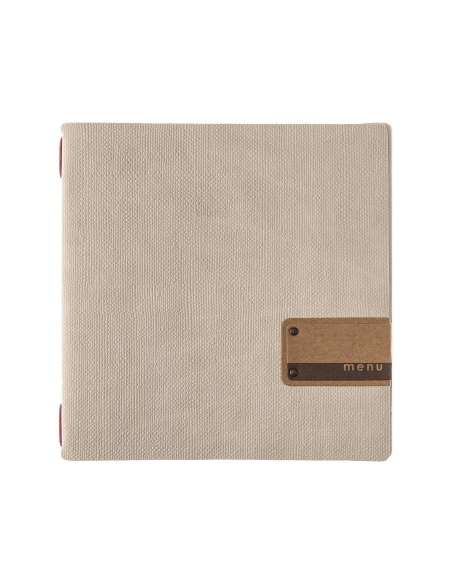 Porta Menu QUADRATO (23x23,1 cm) etichetta PATCH "menu" 2 buste (4 facciate) elastico rosso JUTA AVORIO