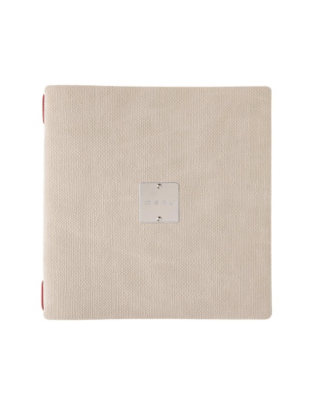 Porta Menu QUADRATO (23x23,1 cm) etichetta METAL "personalizzata" (minimo 18 pezzi) solo elastico rosso JUTA AVORIO