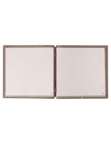Porta Menu QUADRATO (23x23,1 cm) etichetta METAL "personalizzata" (minimo 18 pezzi) 2 buste (4 facciate) elastico rosso JUTA CAM