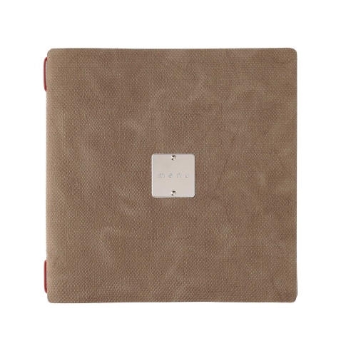 Porta Menu QUADRATO (23x23,1 cm) etichetta METAL "menu" solo elastico rosso JUTA CAMMELLO