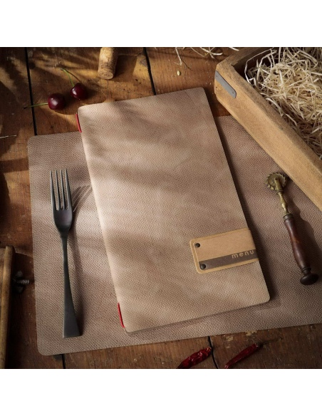 Porta Menu A4 SLIM (17,4x31,8 cm) etichetta PATCH "menu" solo elastico rosso JUTA CAMMELLO
