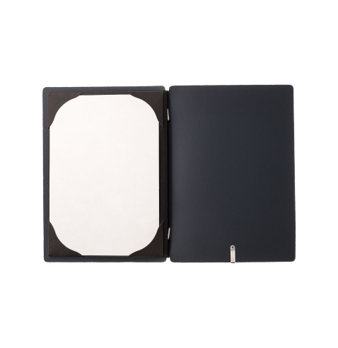 Porta Menu A5 (16,5x23,1 cm) etichetta METAL "menu" cornicetta (4 facciate) elastico nero CHEF BLU