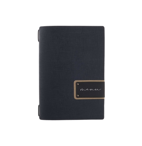 Porta Menu A5 (16,5x23,1 cm) etichetta PATCH "menu" cornicetta (4 facciate) elastico nero CHEF BLU
