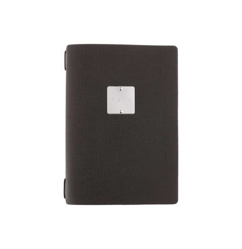 Porta Menu A5 (16,5x23,1 cm) etichetta METAL "menu" cornicetta (4 facciate) elastico nero CHEF MARRONE