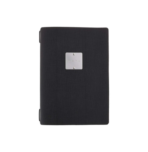 Porta Menu A5 (16,5x23,1 cm) etichetta METAL "personalizzata" (minimo 18 pezzi) cornicetta (4 facciate) elastico nero CHEF NERO