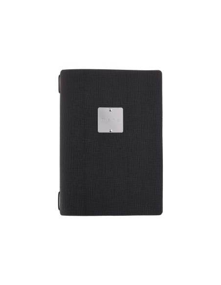 Porta Menu A5 (16,5x23,1 cm) etichetta METAL "personalizzata" (minimo 18 pezzi) cornicetta (4 facciate) elastico nero CHEF NERO