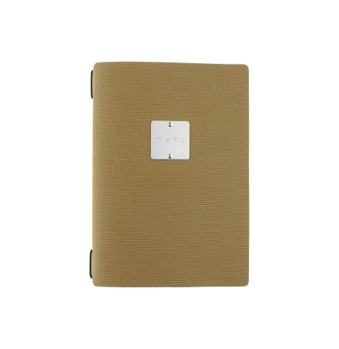 Porta Menu A5 (16,5x23,1 cm) etichetta METAL "personalizzata" (minimo 18 pezzi) cornicetta (4 facciate) elastico nero CHEF OCRA