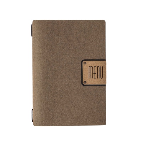 Porta Menu A5 (16,5x23,1 cm) etichetta PATCH "menu" cornicetta (4 facciate) elastico nero ECOMENU MARRONE sp. 0.6