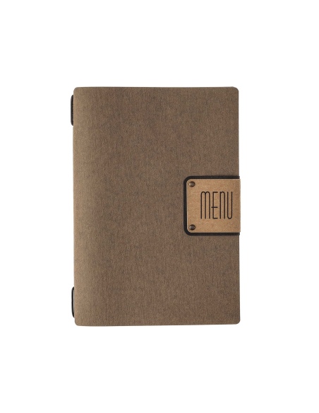 Porta Menu A5 (16,5x23,1 cm) etichetta PATCH "menu" cornicetta (4 facciate) elastico nero ECOMENU MARRONE sp. 0.6