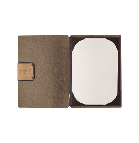 Porta Menu A5 (16,5x23,1 cm) etichetta PATCH "menu" cornicetta (4 facciate) elastico nero ECOMENU MARRONE sp. 0.6