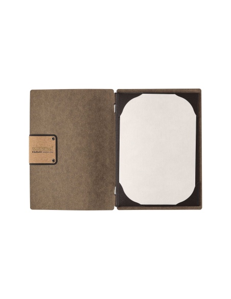 Porta Menu A5 (16,5x23,1 cm) etichetta PATCH "menu" cornicetta (4 facciate) elastico nero ECOMENU MARRONE sp. 0.6