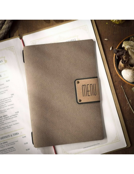 Porta Menu A5 (16,5x23,1 cm) etichetta PATCH "menu" cornicetta (4 facciate) elastico nero ECOMENU MARRONE sp. 0.6