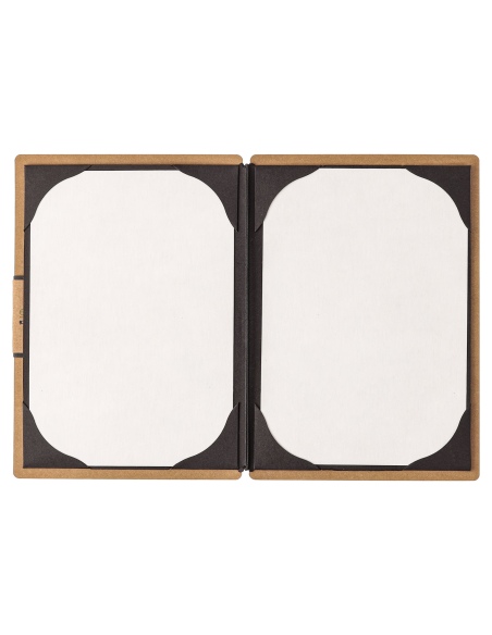 Porta Menu A5 (16,5x23,1 cm) etichetta PATCH "personalizzata" (minimo 18 pezzi) cornicetta (4 facciate) elastico nero ECOMENU NA