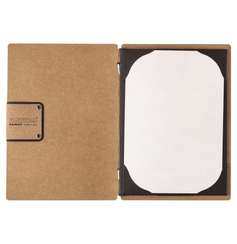 Porta Menu A5 (16,5x23,1 cm) etichetta PATCH "menu" cornicetta (4 facciate) elastico nero ECOMENU NATURALE sp. 0.6