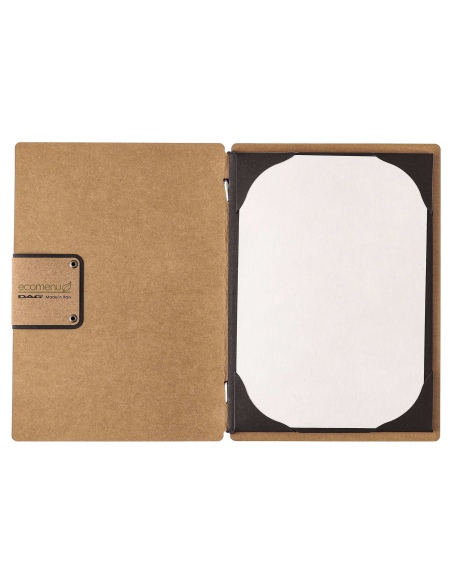 Porta Menu A5 (16,5x23,1 cm) etichetta PATCH "menu" cornicetta (4 facciate) elastico nero ECOMENU NATURALE sp. 0.6