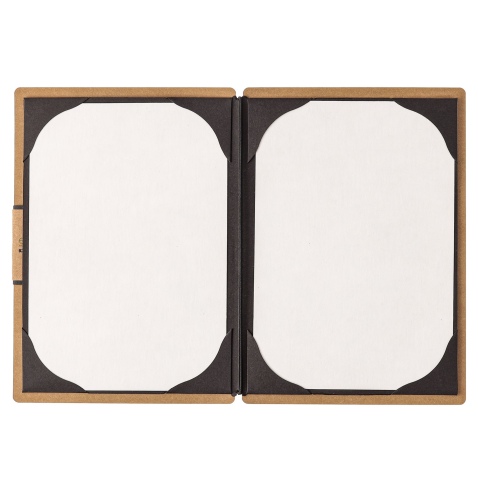 Porta Menu A5 (16,5x23,1 cm) etichetta PATCH "menu" cornicetta (4 facciate) elastico nero ECOMENU NATURALE sp. 0.6