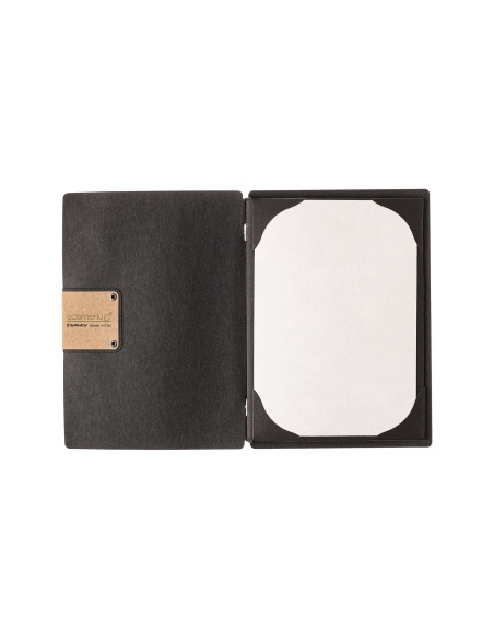 Porta Menu A5 (16,5x23,1 cm) etichetta PATCH "personalizzata" (minimo 18 pezzi) cornicetta (4 facciate) elastico nero ECOMENU NE