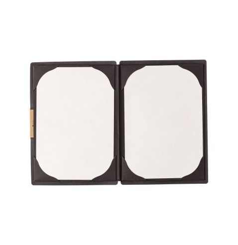 Porta Menu A5 (16,5x23,1 cm) etichetta PATCH "personalizzata" (minimo 18 pezzi) cornicetta (4 facciate) elastico nero ECOMENU NE