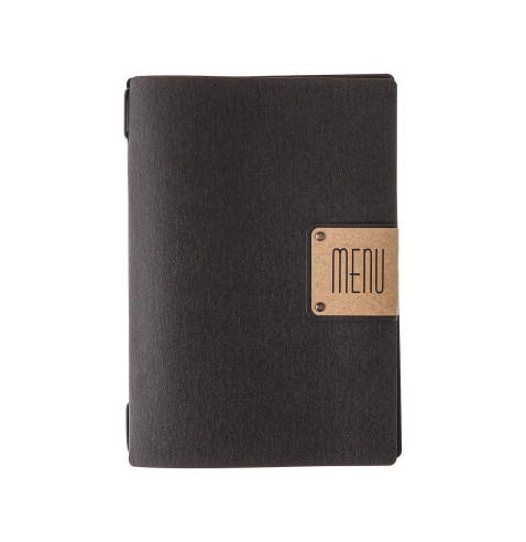 Porta Menu A5 (16,5x23,1 cm) etichetta PATCH "menu" cornicetta (4 facciate) elastico nero ECOMENU NERO sp. 0.6