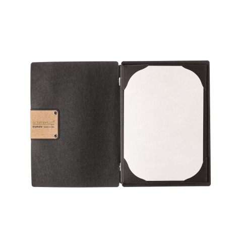 Porta Menu A5 (16,5x23,1 cm) etichetta PATCH "menu" cornicetta (4 facciate) elastico nero ECOMENU NERO sp. 0.6