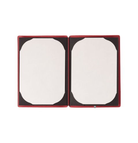 Porta Menu A5 (16,5x23,1 cm) etichetta METAL "menu" cornicetta (4 facciate) elastico rosso JUTA BICOLOR
