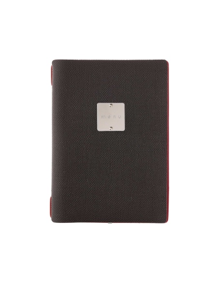 Porta Menu A5 (16,5x23,1 cm) etichetta METAL "personalizzata" (minimo 18 pezzi) cornicetta (4 facciate) elastico rosso JUTA BICO