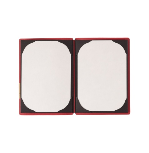 Porta Menu A5 (16,5x23,1 cm) etichetta PATCH "personalizzata" (minimo 18 pezzi) cornicetta (4 facciate) elastico rosso JUTA BICO