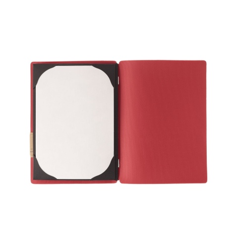 Porta Menu A5 (16,5x23,1 cm) etichetta PATCH "personalizzata" (minimo 18 pezzi) cornicetta (4 facciate) elastico rosso JUTA BICO