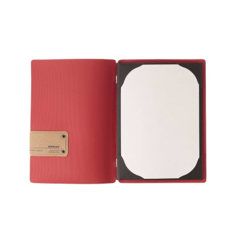 Porta Menu A5 (16,5x23,1 cm) etichetta PATCH "menu" cornicetta (4 facciate) elastico rosso JUTA BICOLOR