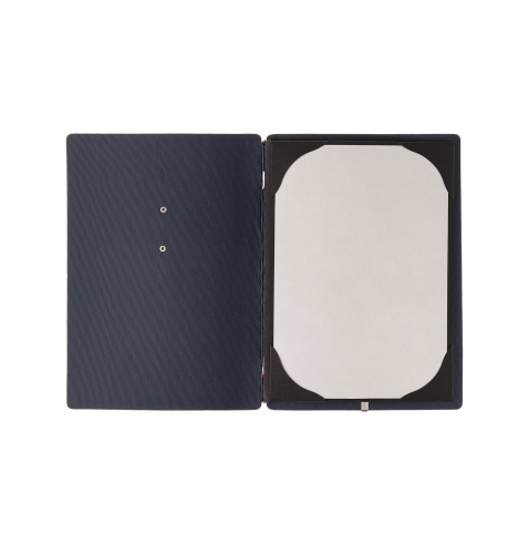 Porta Menu A5 (16,5x23,1 cm) etichetta METAL "menu" cornicetta (4 facciate) elastico rosso JUTA BLU