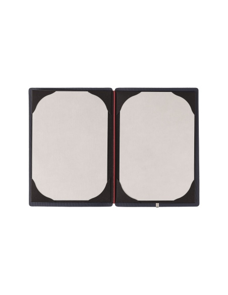 Porta Menu A5 (16,5x23,1 cm) etichetta METAL "menu" cornicetta (4 facciate) elastico rosso JUTA BLU