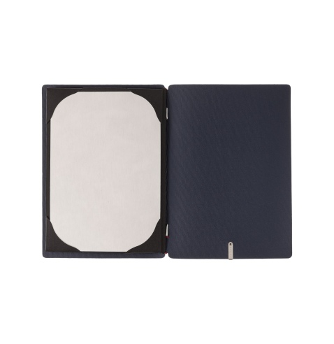 Porta Menu A5 (16,5x23,1 cm) etichetta METAL "menu" cornicetta (4 facciate) elastico rosso JUTA BLU