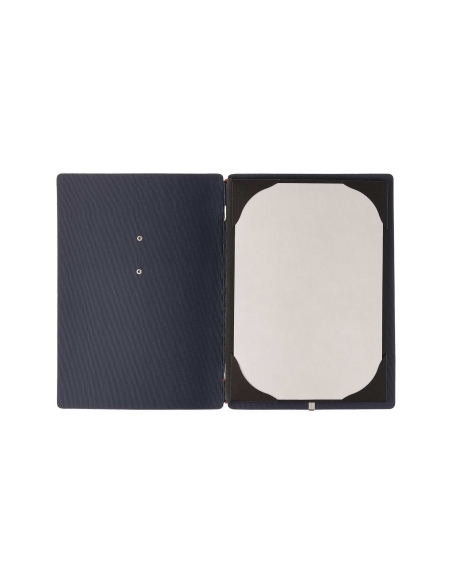 Porta Menu A5 (16,5x23,1 cm) etichetta METAL "personalizzata" (minimo 18 pezzi) cornicetta (4 facciate) elastico rosso JUTA BLU