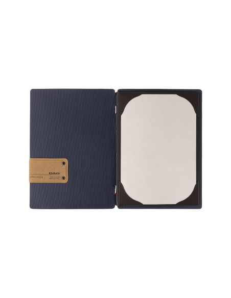 Porta Menu A5 (16,5x23,1 cm) etichetta PATCH "personalizzata" (minimo 18 pezzi) cornicetta (4 facciate) elastico rosso JUTA BLU