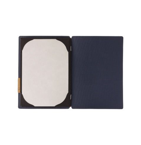 Porta Menu A5 (16,5x23,1 cm) etichetta PATCH "personalizzata" (minimo 18 pezzi) cornicetta (4 facciate) elastico rosso JUTA BLU