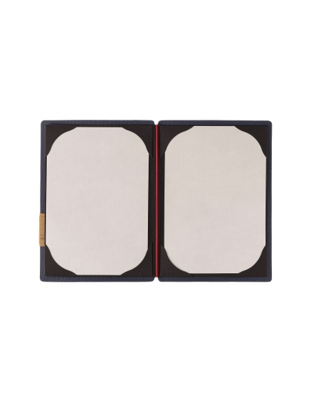 Porta Menu A5 (16,5x23,1 cm) etichetta PATCH "menu" cornicetta (4 facciate) elastico rosso JUTA BLU